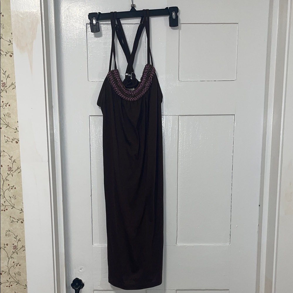 Brown Dress with Purple Beaded Neckline